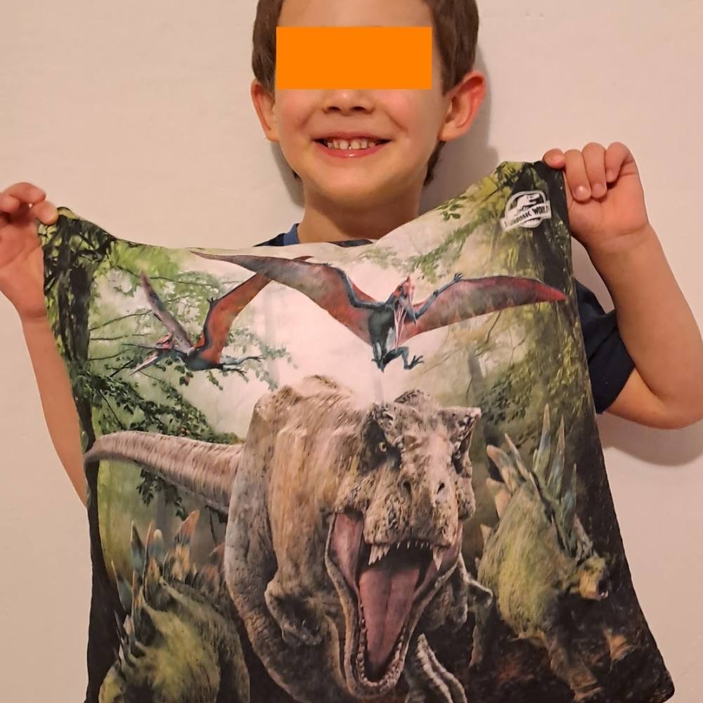 Spokojený malý zákazník s polštářkem s dinosaurem