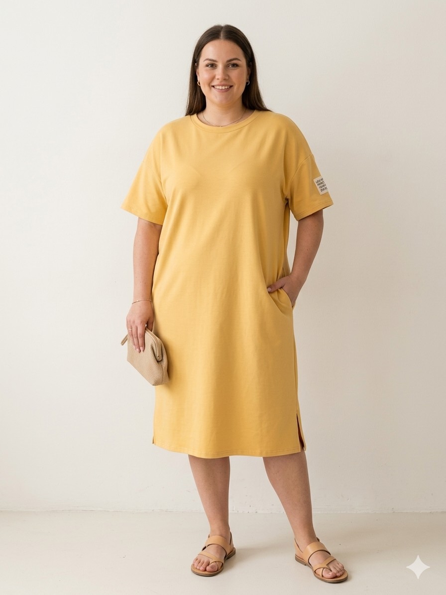 Italská móda Dámské Plus size šaty s kapsami máslové a krátkým rukávem žluté