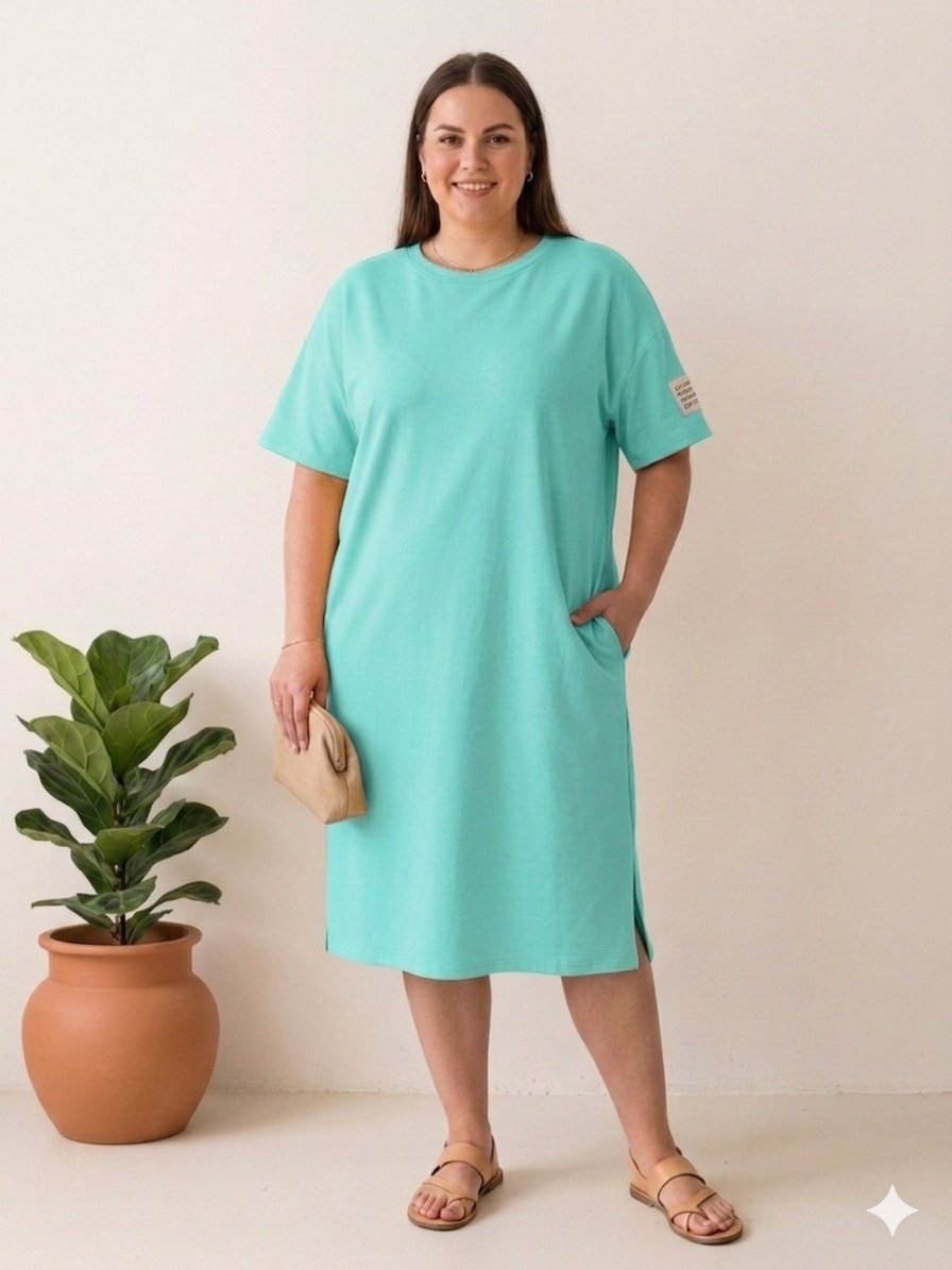 Italská móda Dámské Plus size šaty s kapsami máslové krátký rukáv zelenkavé