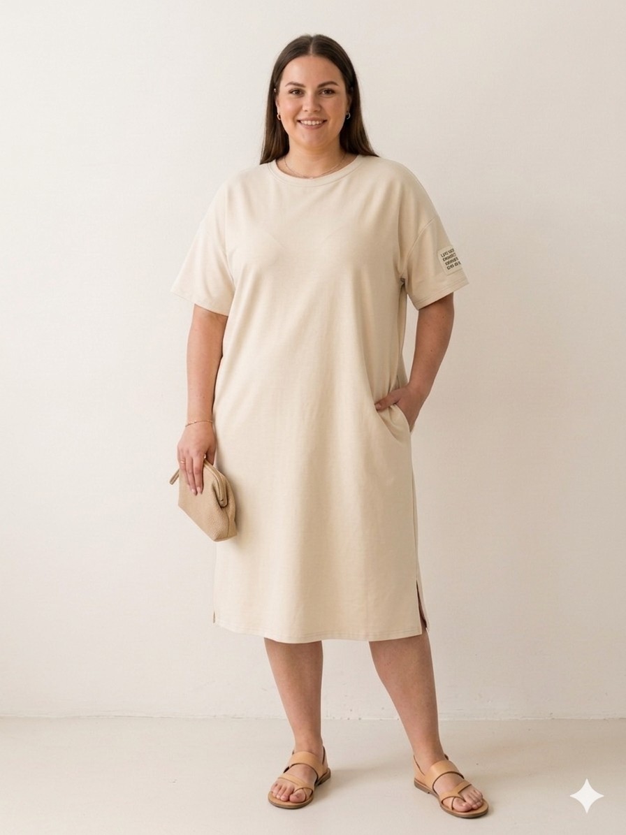 Italská móda Dámské Plus size šaty s kapsami máslové krátký rukáv smetanové