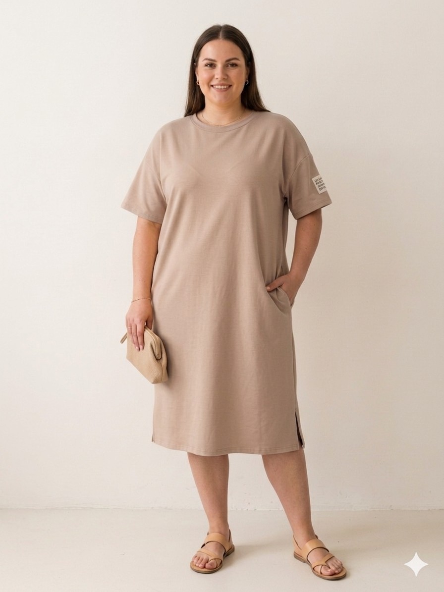 Italská móda Dámské Plus size šaty s kapsami máslové krátký rukáv cappuccino