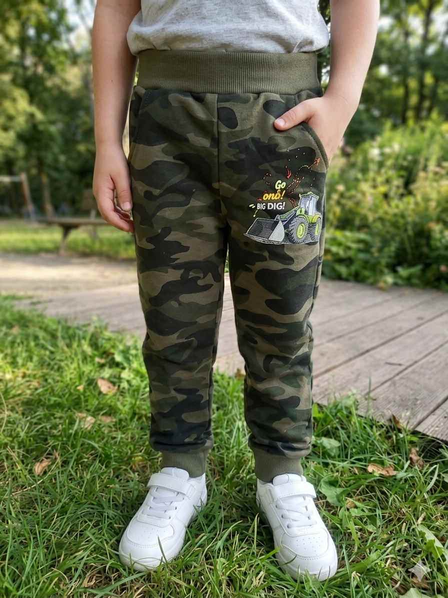 Dětské maskáčové tepláky Kugo TM9221 zelené s traktorem
