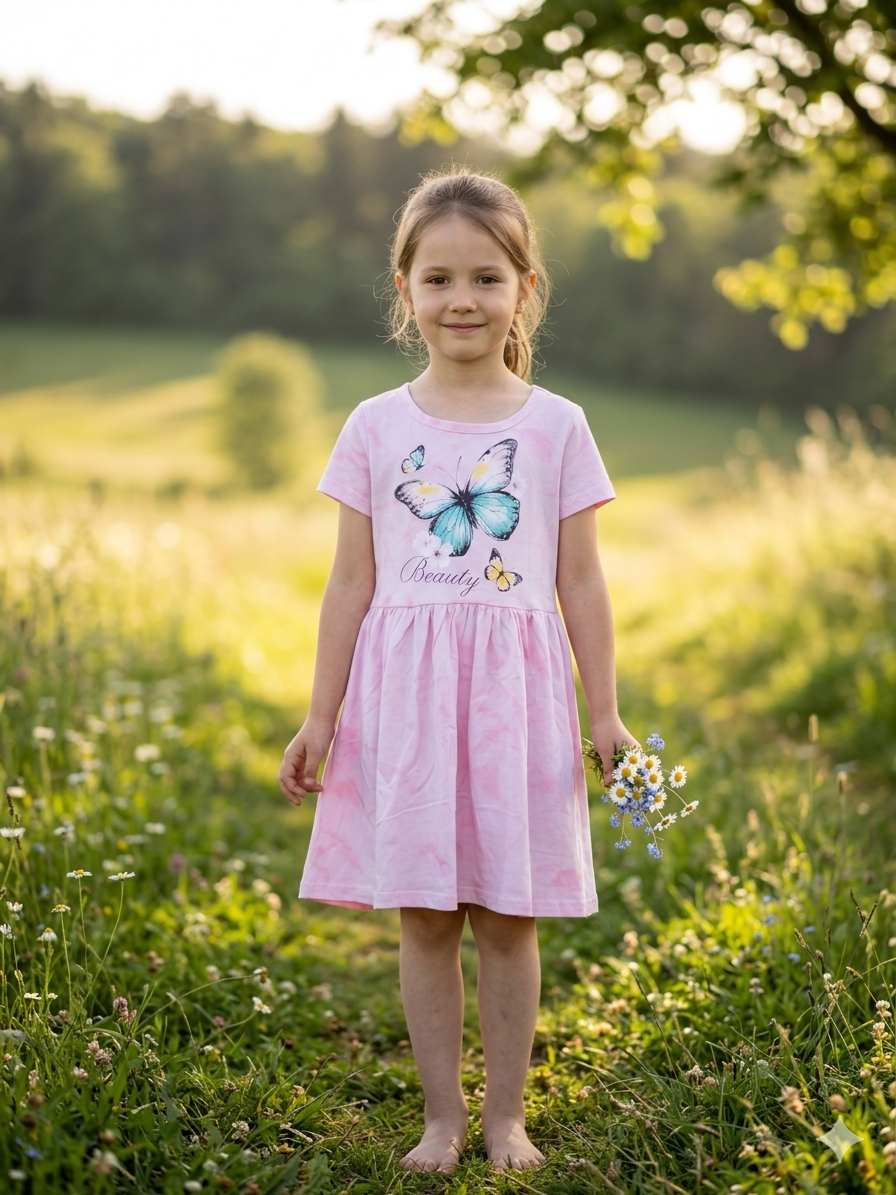 Fotografie Letní dívčí šaty s krátkým rukávem Kugo MS6536 světle růžové