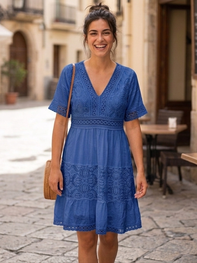 Italská móda Krajkové letní boho šaty z viskózy s krátkým rukávem modré