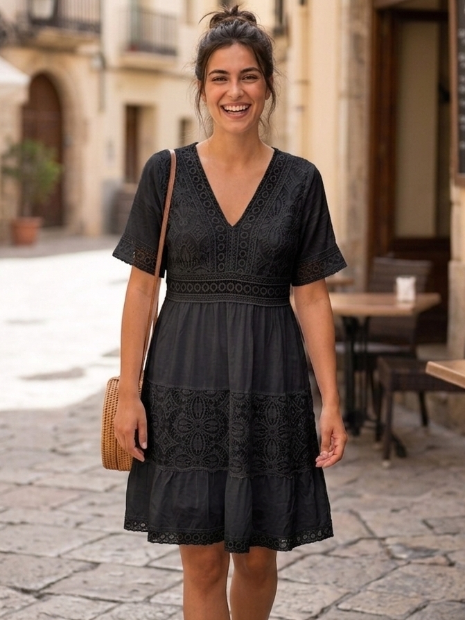 Italská móda Krajkové letní boho šaty z viskózy s krátkým rukávem černé