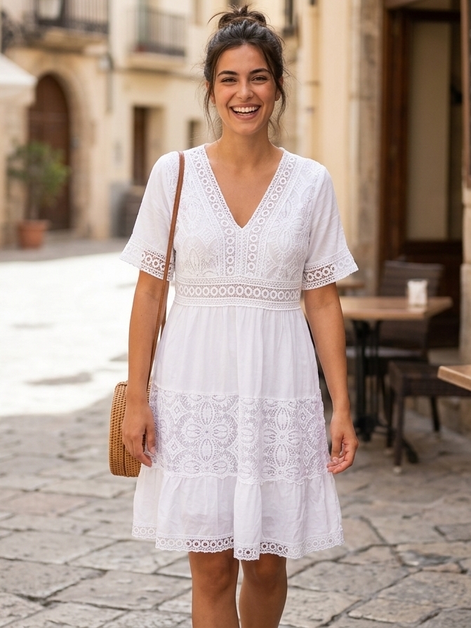 Italská móda Krajkové letní boho šaty z viskózy s krátkým rukávem bílé