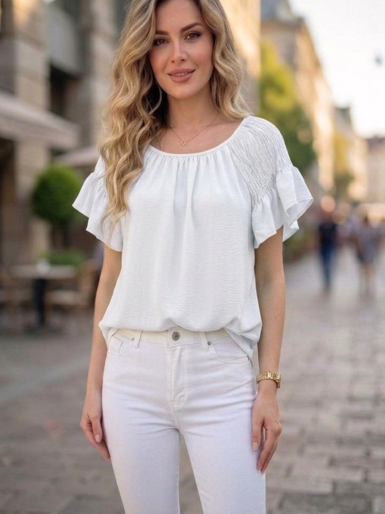 Vzdušná halenka s volánky a žabičkovými rukávy bílá