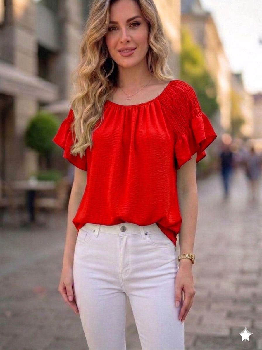 Vzdušná halenka s volánky a žabičkovými rukávy červená