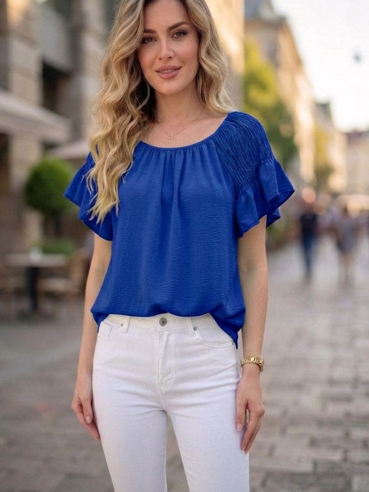 Vzdušná halenka s volánky a žabičkovými rukávy tmavě modrá
