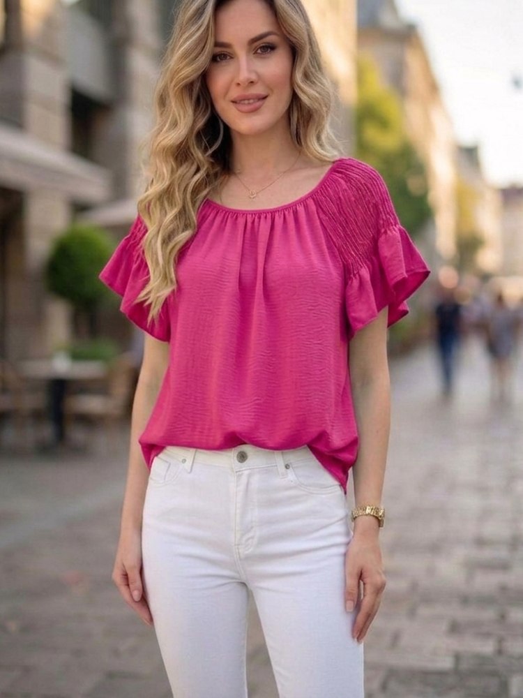 Vzdušná halenka s volánky a žabičkovými rukávy tmavě růžové