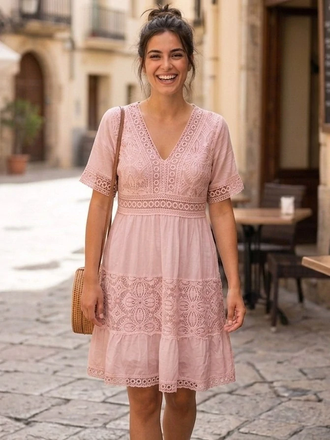 Krajkové letní boho šaty z viskózy s krátkým rukávem růžové