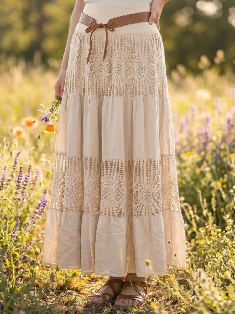 Dámská romantická krajková sukně BOHO světle béžová
