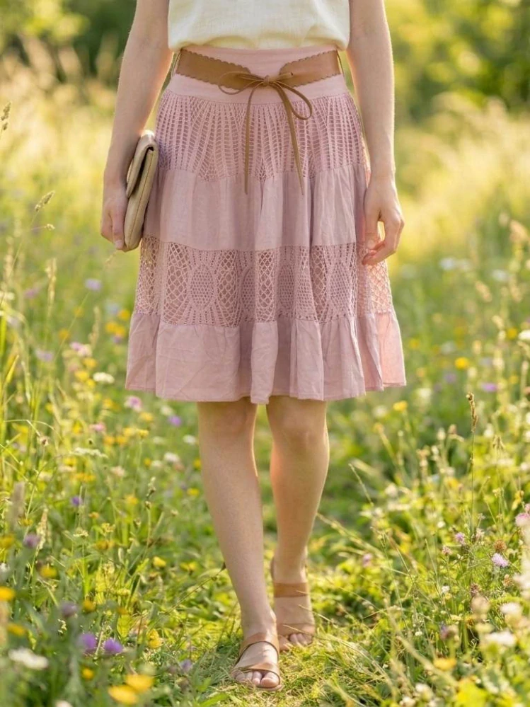 Dámská krajková sukně BOHO ke kolenům růžová