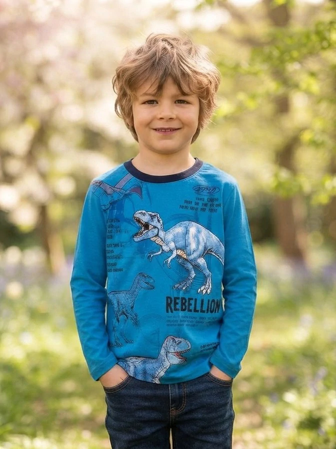 Chlapecké tričko s dinosaury Kugo XC1301 dlouhý rukáv modré
