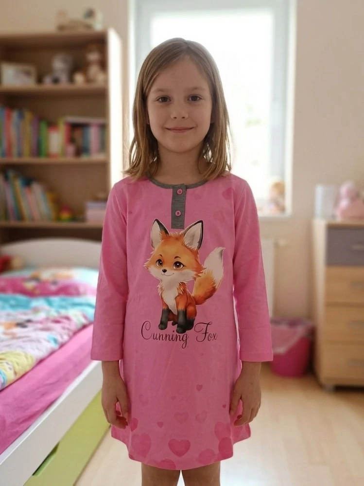 Dívčí noční košile dlouhý rukáv Kugo MP6569 růžová s liškou