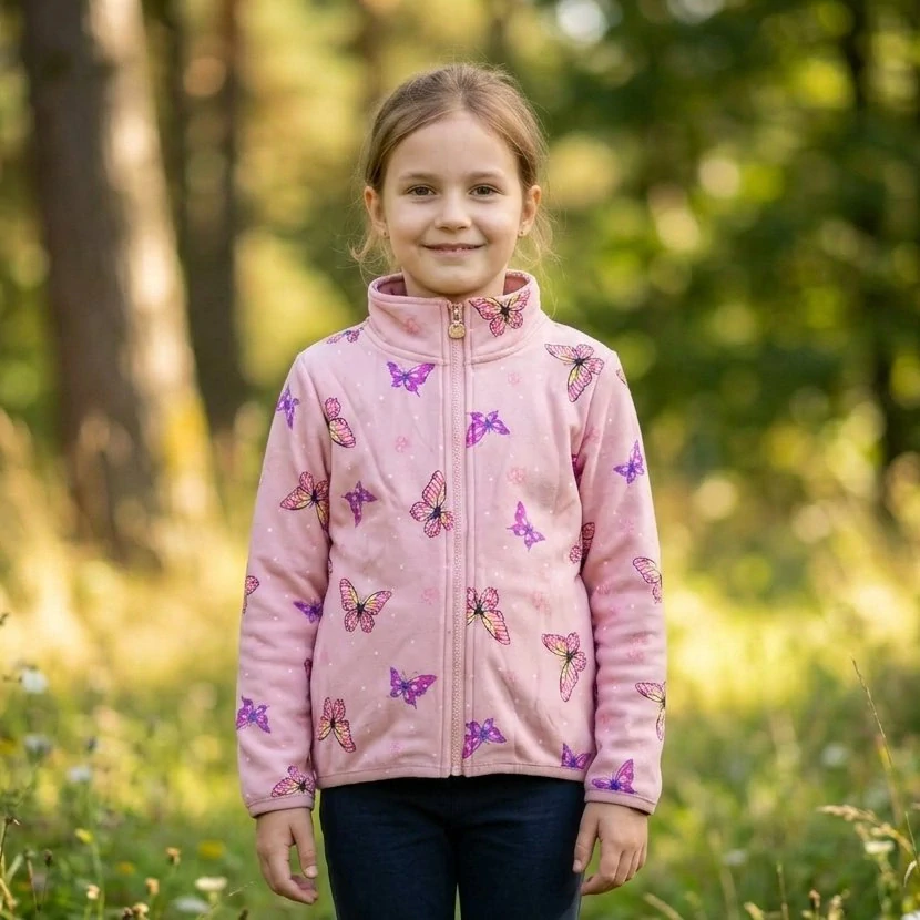 Teplá dívčí mikina na zip Kugo SL3731 růžová s motýly