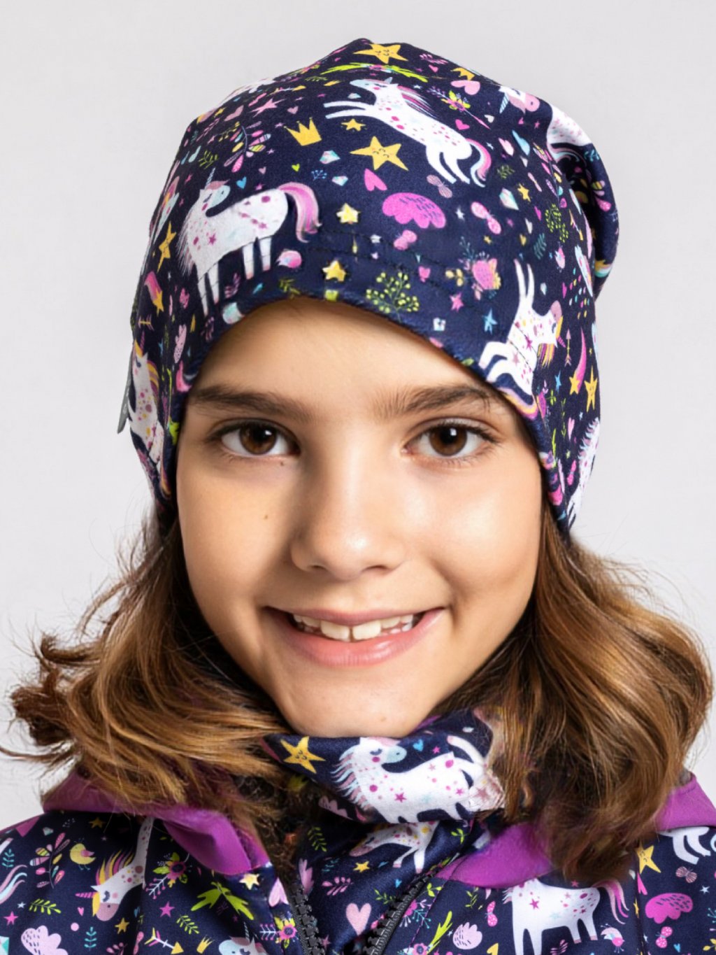 UNUO Dětská fleecová čepice Homeless, jednorožci