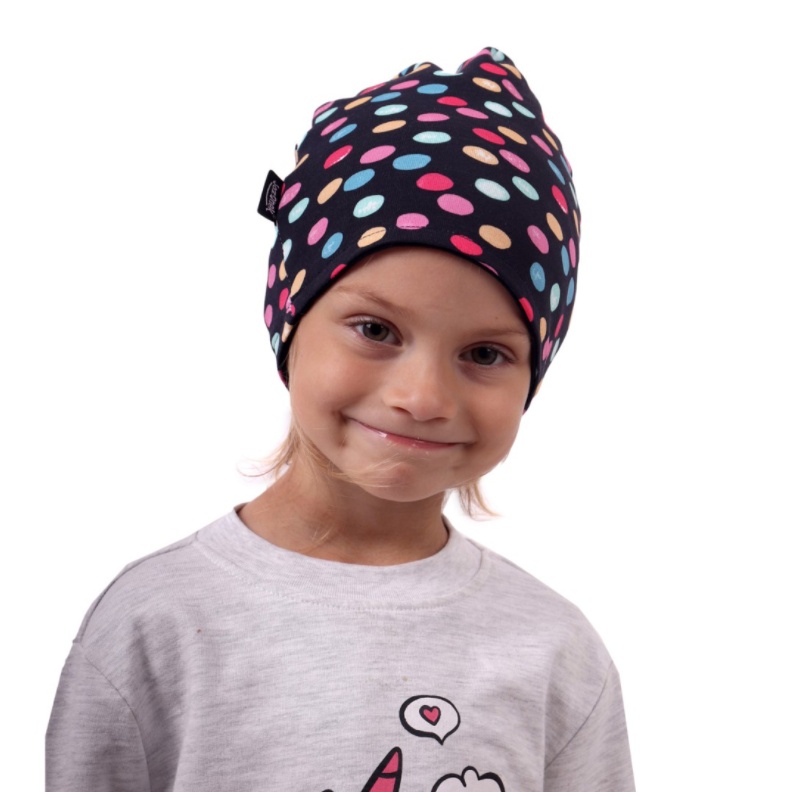 Dětská oboustranná čepice JOŽÁNEK, černá + lentilky na modré