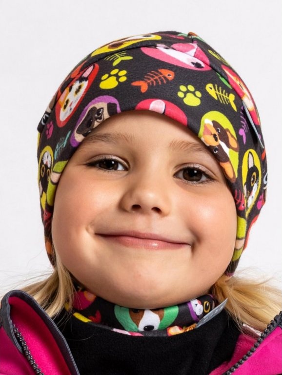 UNUO Dětská fleecová čepice Sport, kočka a pes holka