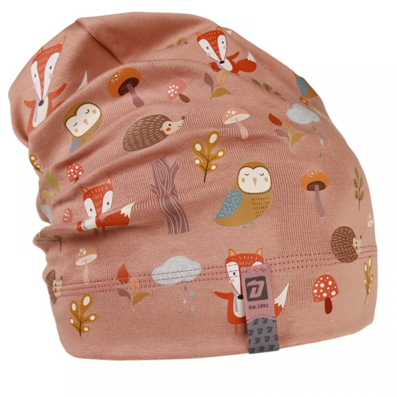 Spadlá bavlněná čepice Dráče Pepe - vzor 09, lesní zvířátka, pudrová