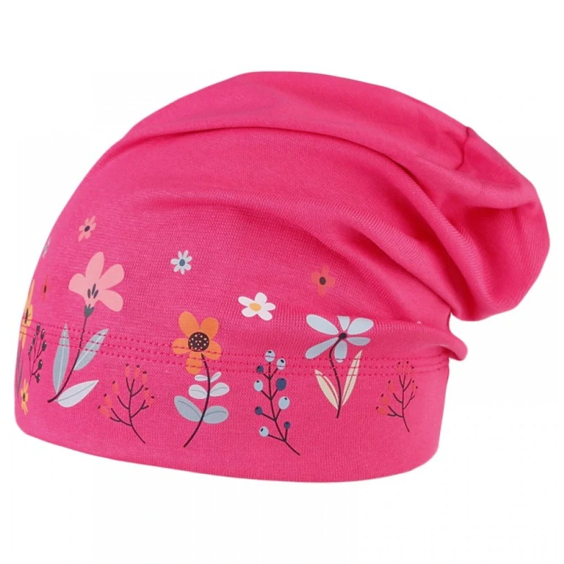 Spadlá bavlněná čepice Dráče Pepe - vzor 18 - louka - růžová neon