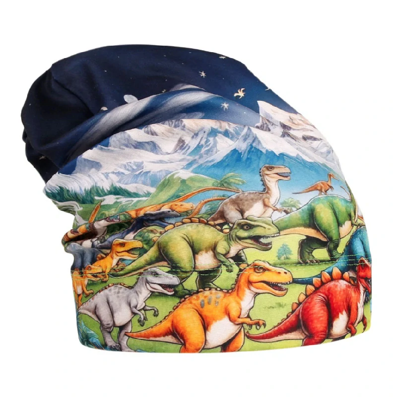 Flísová čepice Dráče Yetti - vzor 47 - modrá - dinosauři