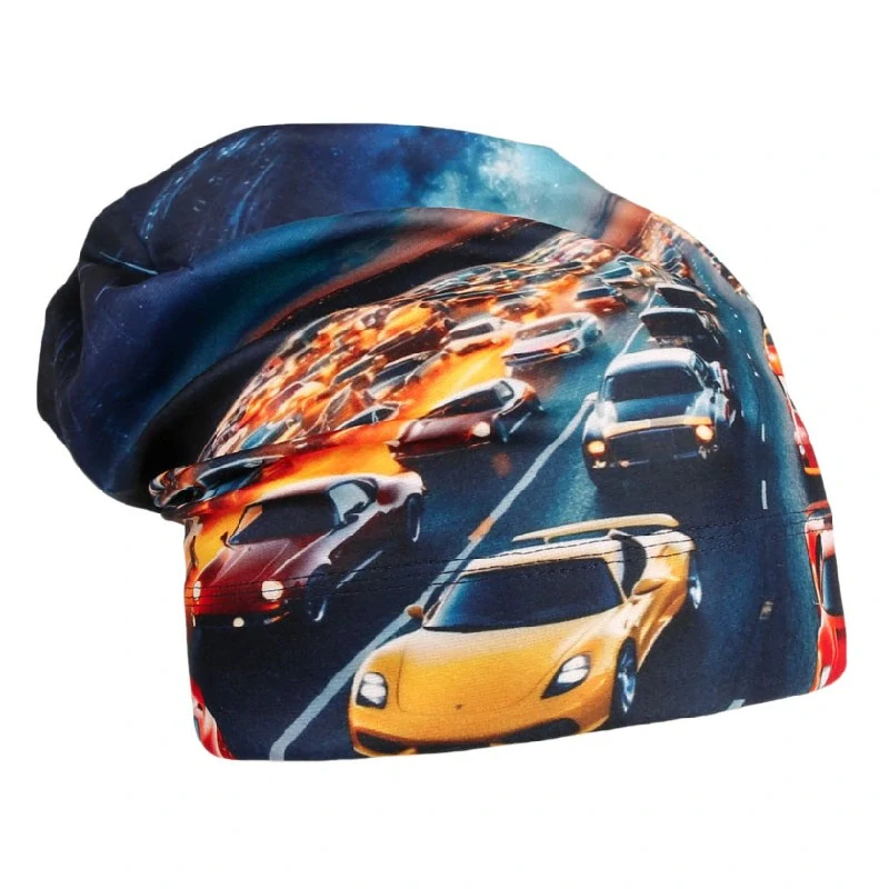 Flísová čepice Dráče Yetti - vzor 46 - modrá - auta na dálnici