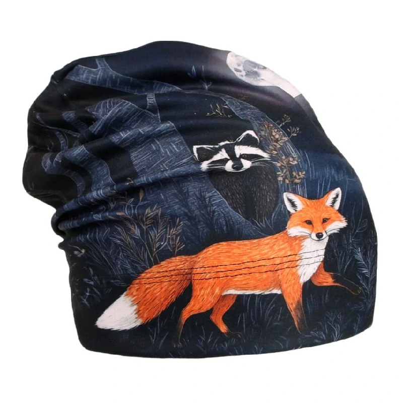 Flísová čepice Dráče Yetti - vzor 44 - černá - zvířátka v lese