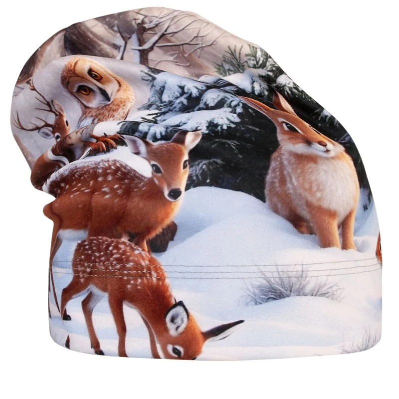 Flísová čepice Dráče Yetti - vzor 65 - béžová - zvířátka v lese