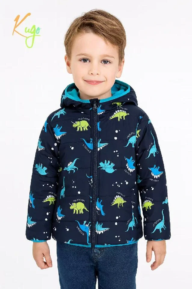 Chlapecká zimní bunda Kugo FB0315 s dinosaury tmavě modrá