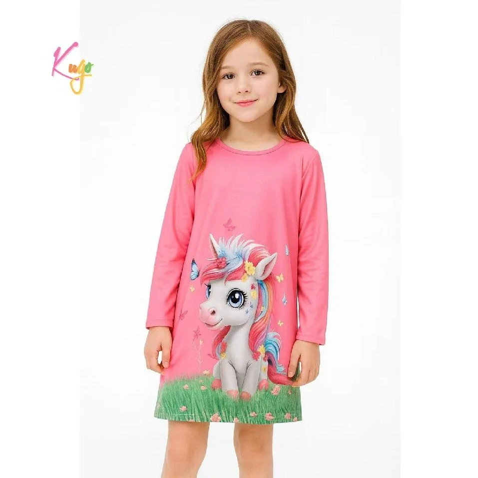 Dívčí noční košile dlouhý rukáv Kugo SS3627 tmavě růžová