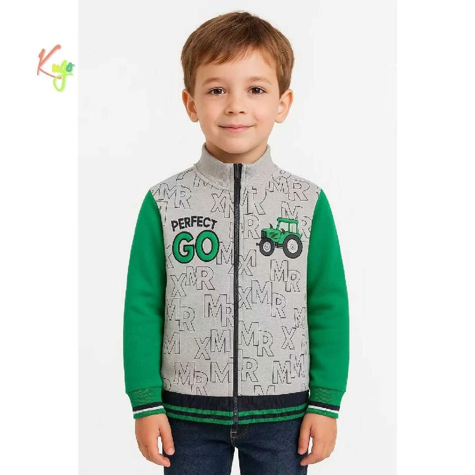 Teplá chlapecká mikina Kugo FM0362 šedá / zelené rukávy