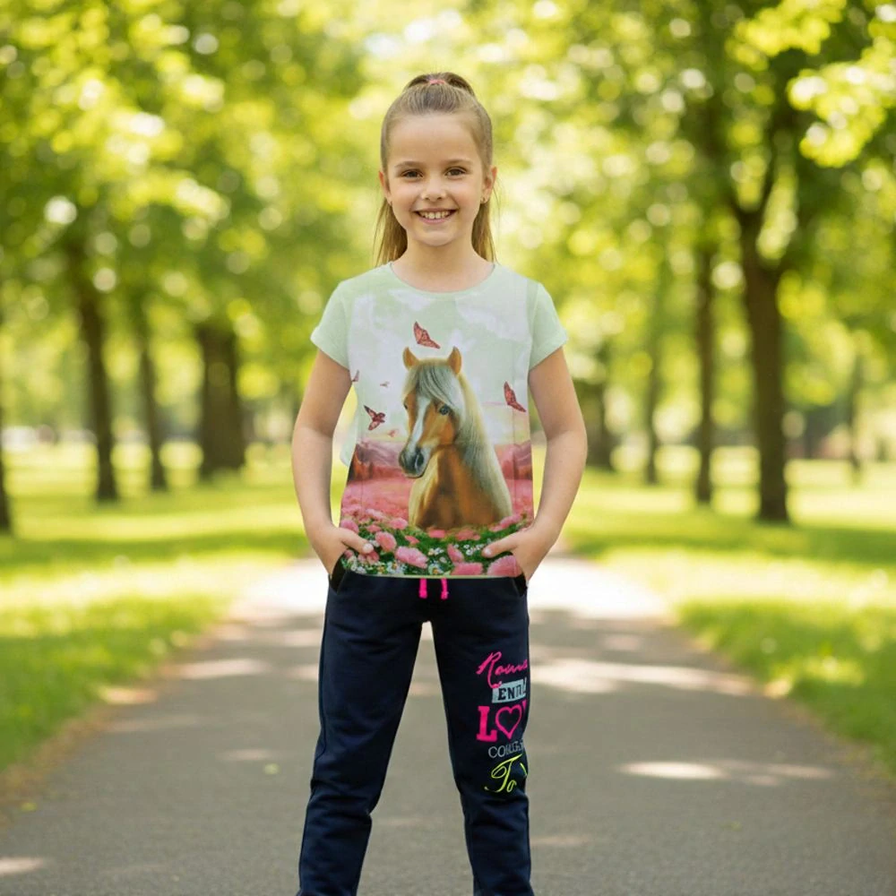 Dívčí tričko krátký rukáv Kugo ST3579 zelené s koněm