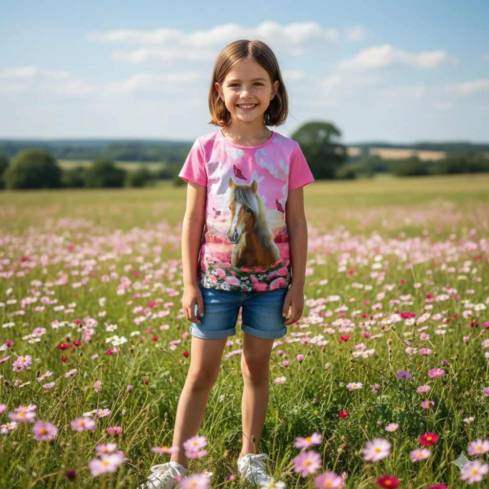 Dívčí tričko krátký rukáv Kugo ST3579 tm. růžové koněm