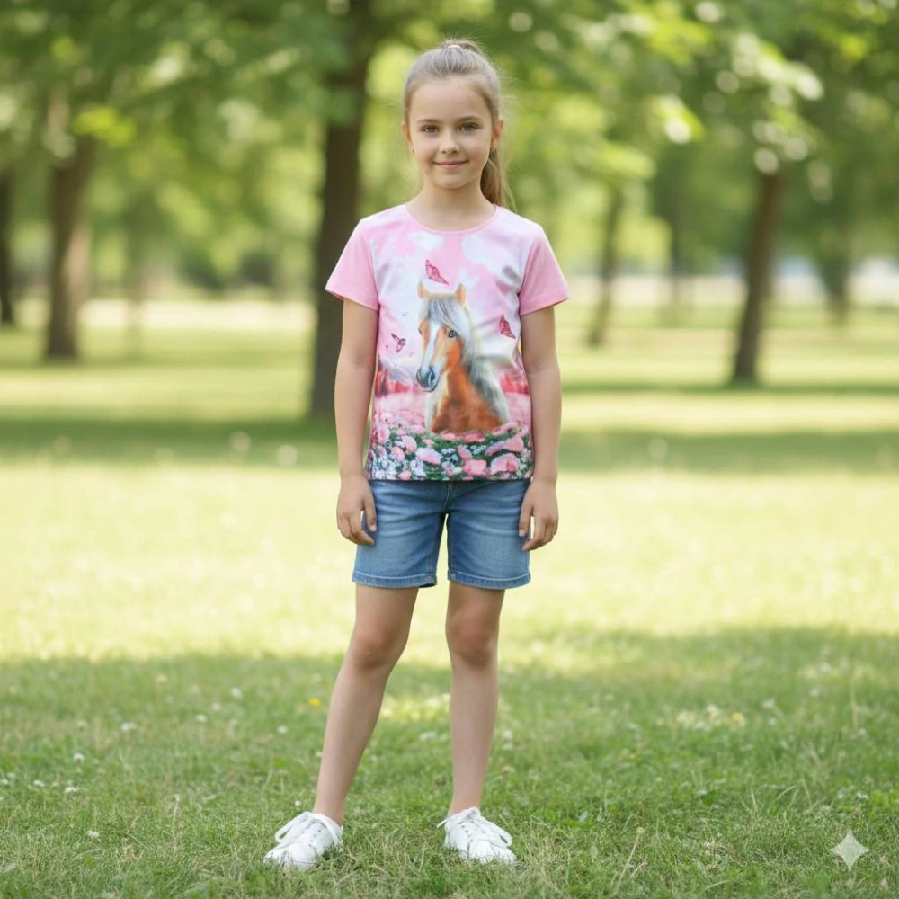 Dívčí tričko krátký rukáv Kugo ST3579 sv. růžové koněm