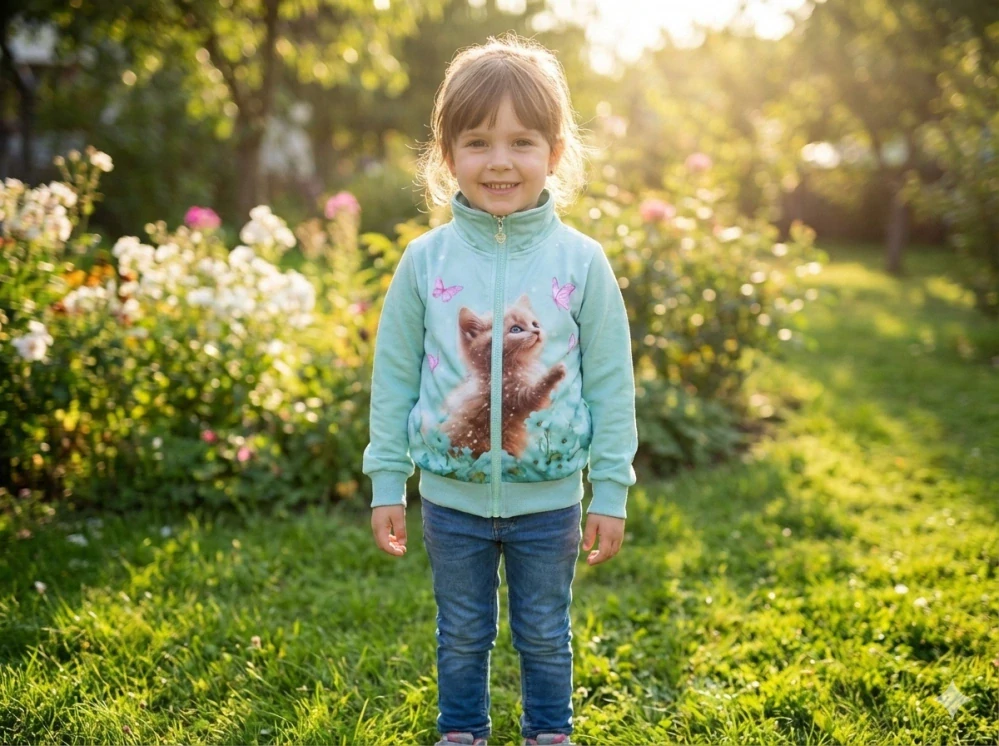 Dívčí mikina Kugo SM3630 zelená s kočičkou