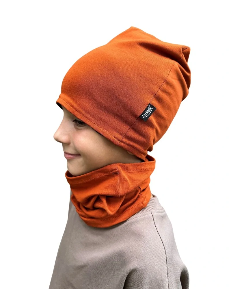 Dětská čepice Jožánek bavlněná, oboustranná + nákrčník - skořicová