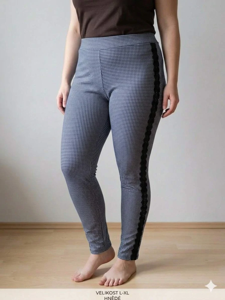 Kostkované dámské kalhoty / legíny s lemováním a kamínky