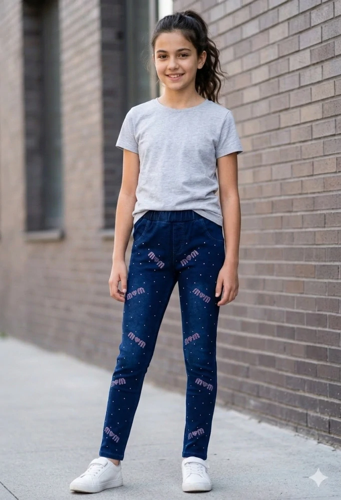 Dívčí riflové legíny Kugo SL3617 tmavě modré s kamínky