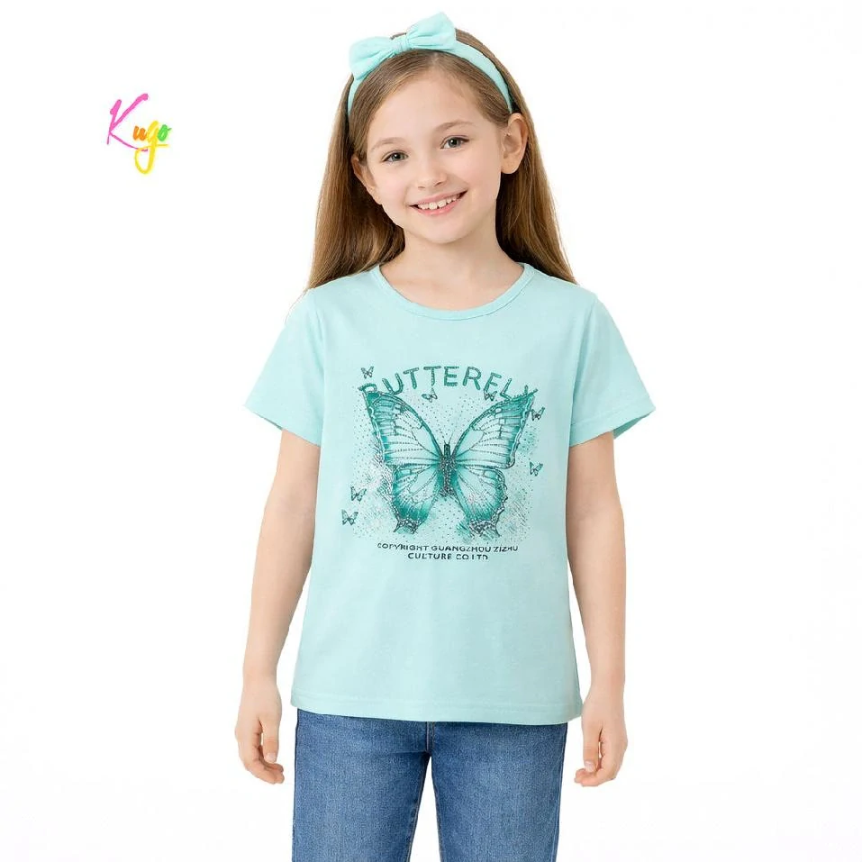Dívčí tričko krátký rukáv Kugo WK1221 zelené s motýlem