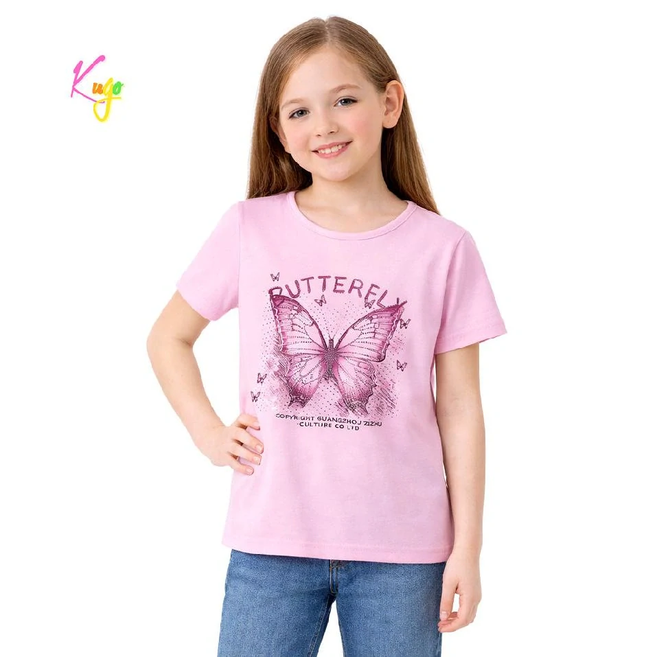 Dívčí tričko krátký rukáv Kugo WK1221 růžové s motýlem
