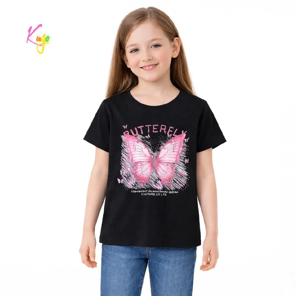 Dívčí tričko krátký rukáv Kugo WK1221 černé s motýlem