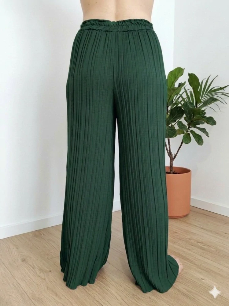 Široké dámské viskózové kalhoty s elastickým pasem lahvově zelené