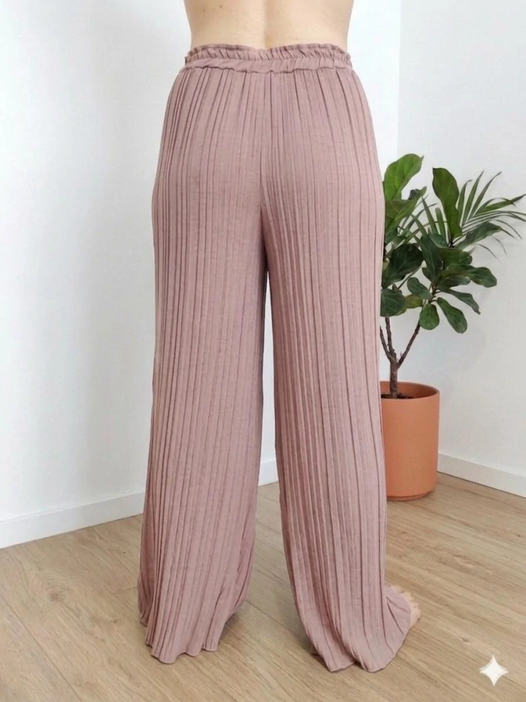 Široké dámské viskózové kalhoty s elastickým pasem starorůžové