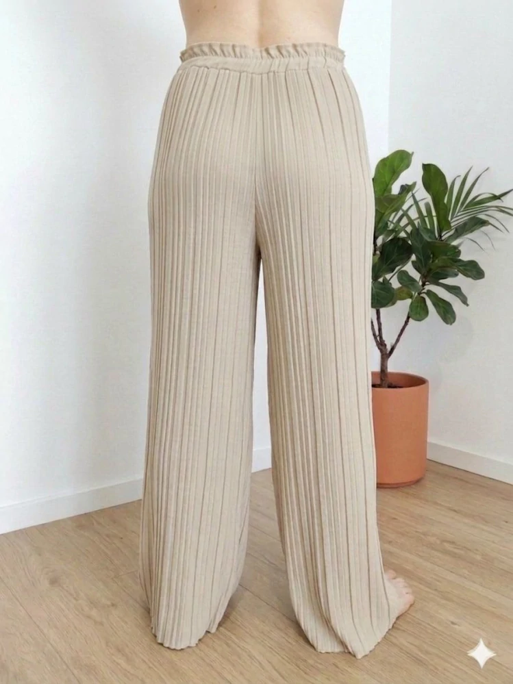 Široké dámské viskózové kalhoty s elastickým pasem béžové