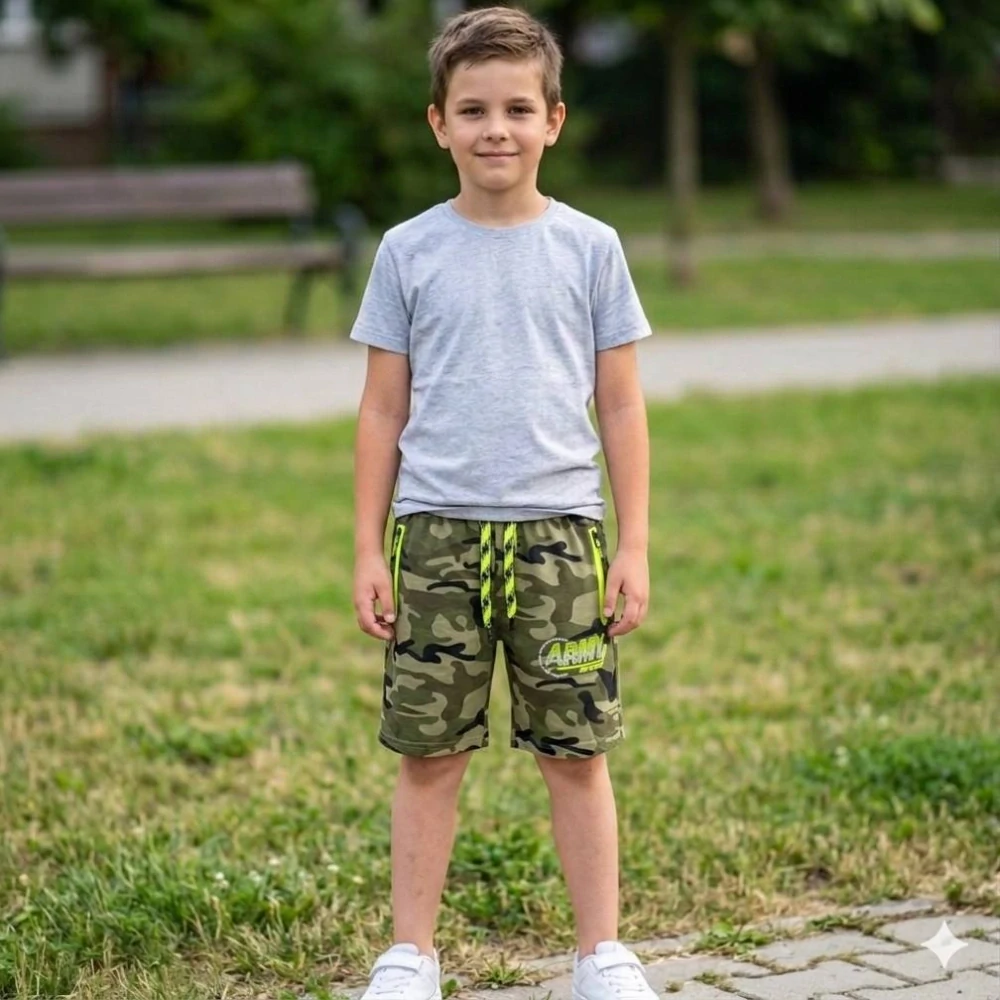 Chlapecké maskáčové kraťasy Kugo ST5308 zelené / zelený zip