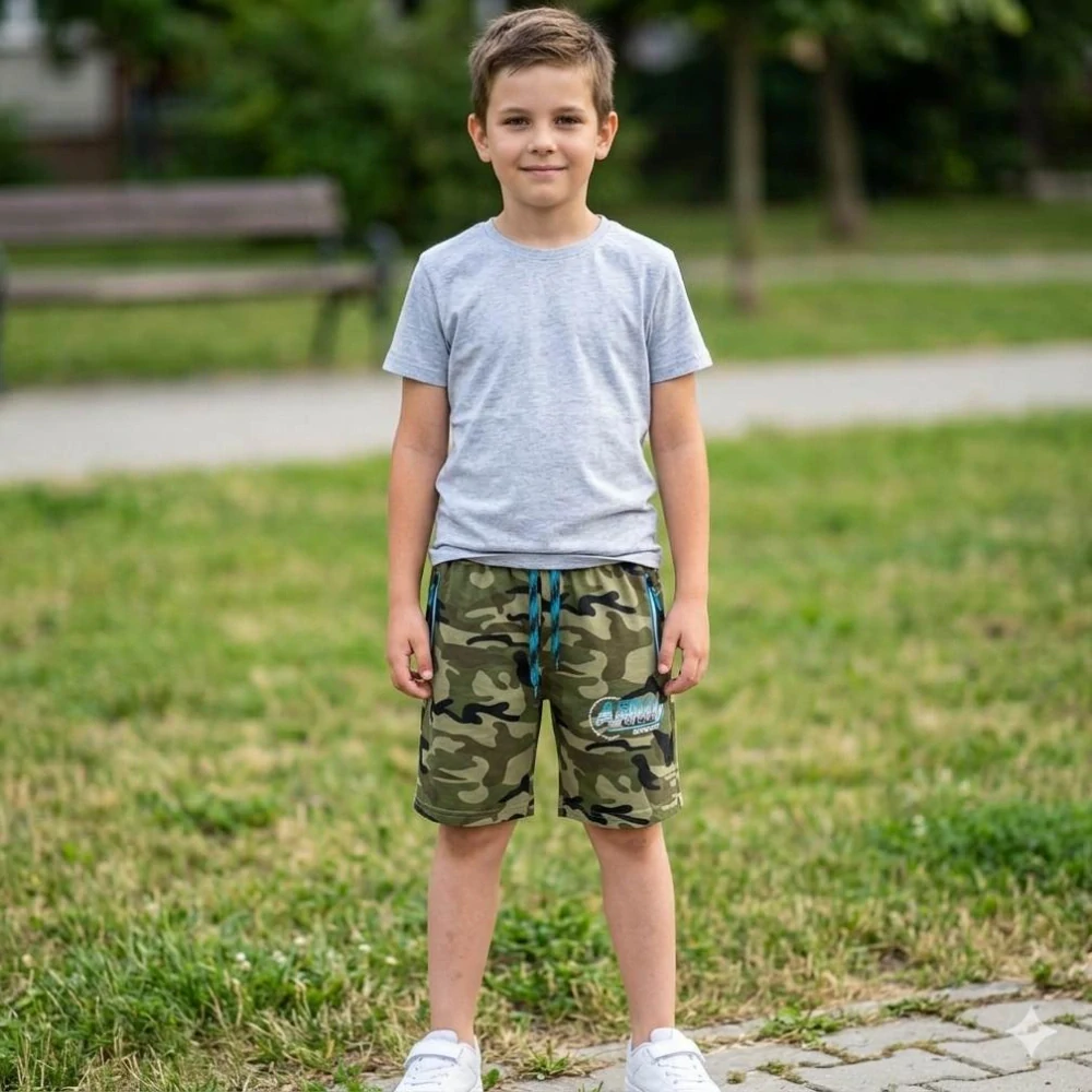 Chlapecké maskáčové kraťasy Kugo ST5308 zelené / modrý zip