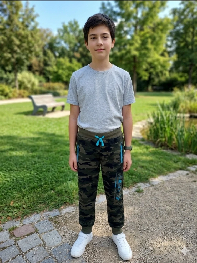 Chlapecké maskáčové tepláky Kugo TM8227 zelené / modrý zip