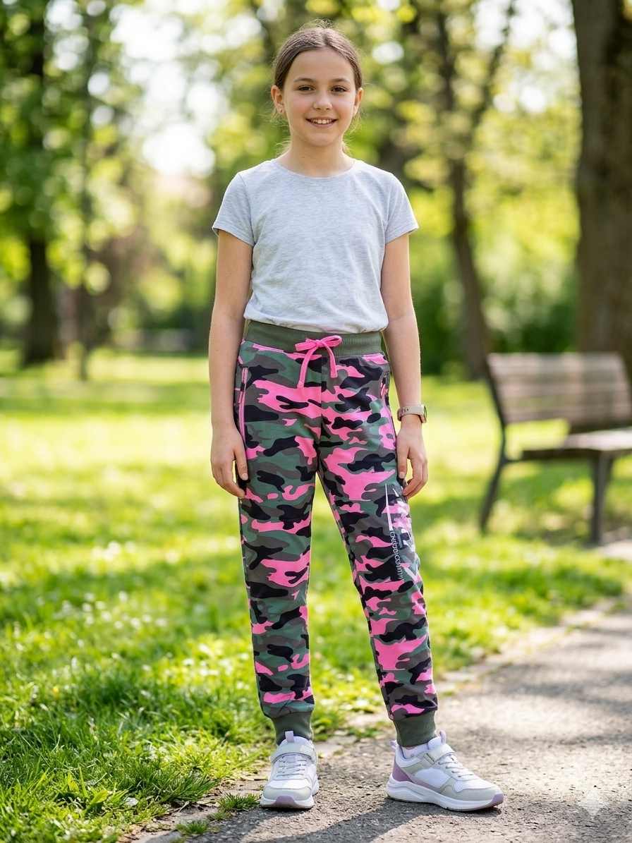 Dívčí maskáčové tepláky Kugo TM8227 růžové