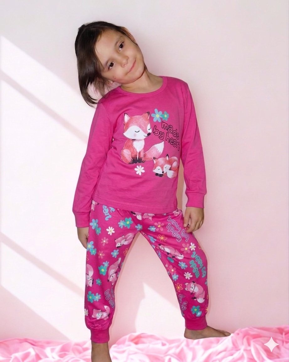 Bavlněné dívčí pyžamo Kugo MP6560 tm. růžové s liškou